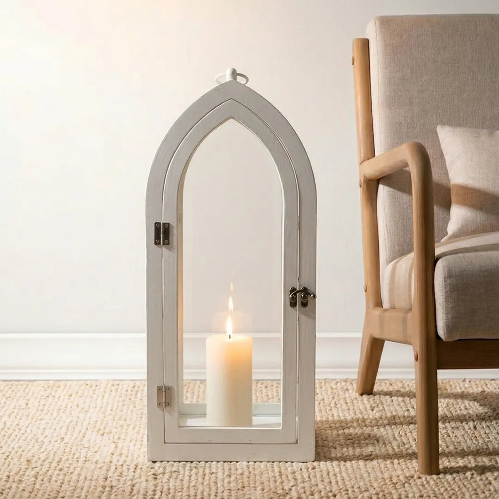 F3-25AW217 Luhpar White Arch Lantern Wood & Glass (45 × 22 × 14 cm)