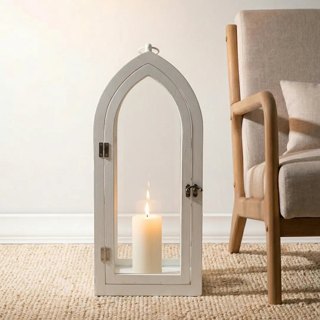 F3-25AW217 Luhpar White Arch Lantern Wood & Glass (45 × 22 × 14 cm)
