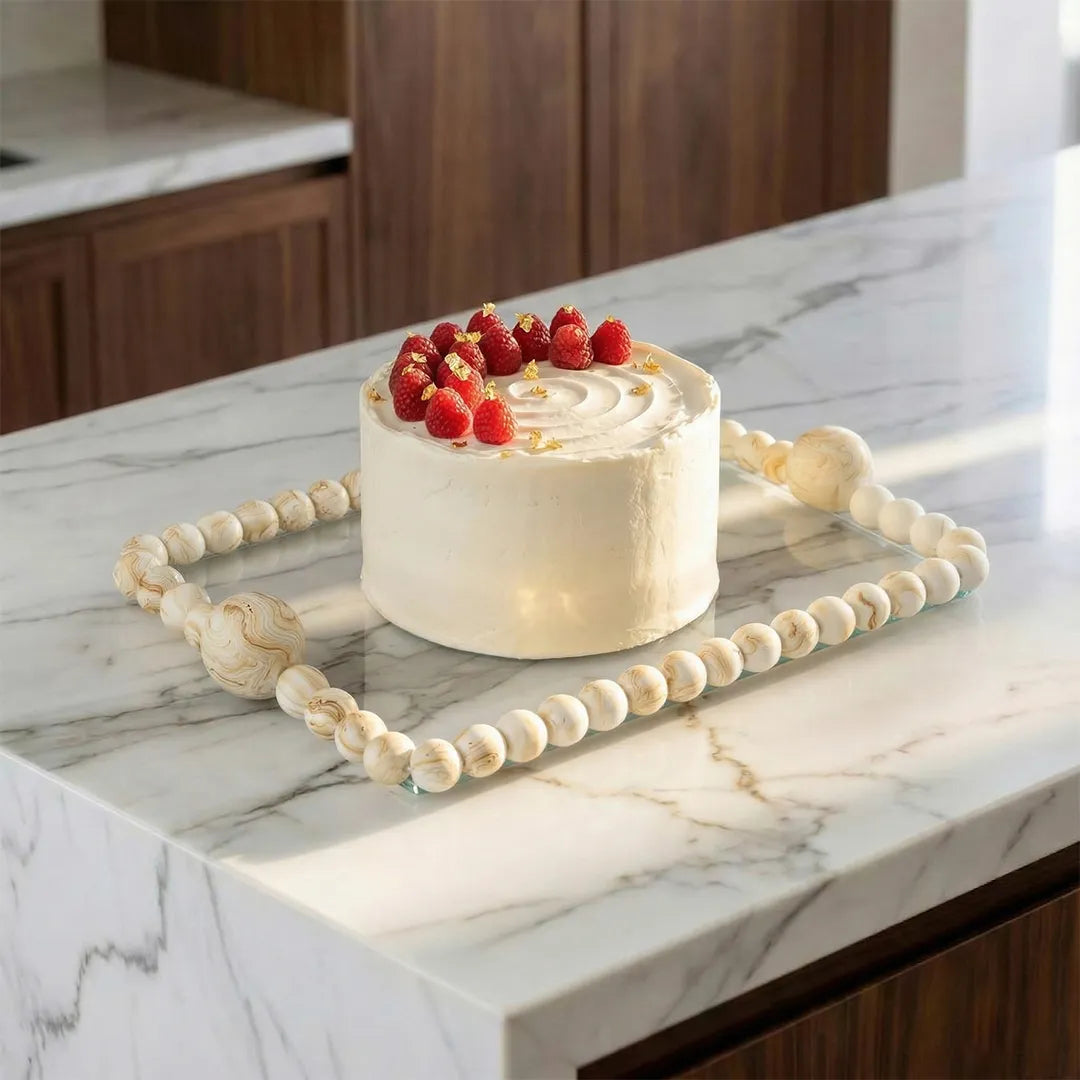 0798-7 Luhpar Glass Cake Tray With Bead Frame 38×23 cm