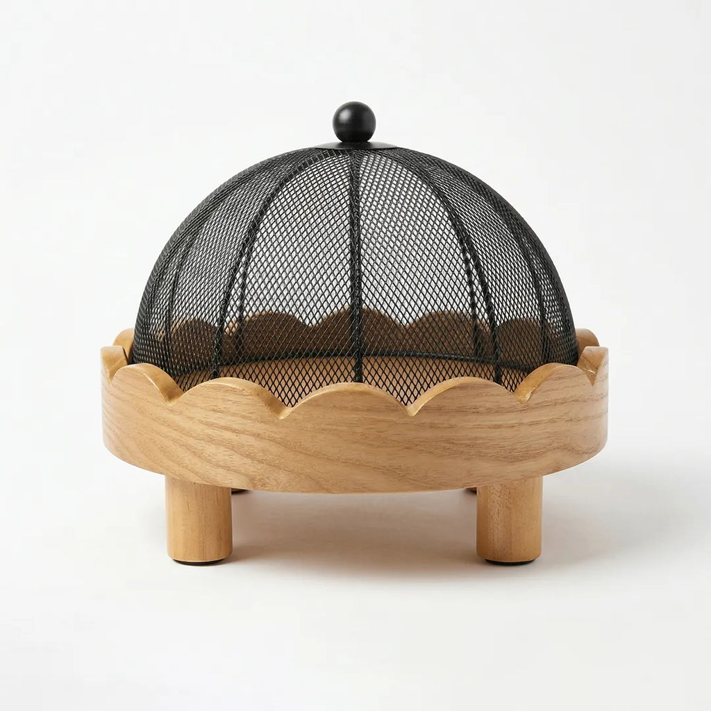 T25B0061 Luhpar Wooden Serving Tray with Mesh Dome Cover Small Natural Finish
