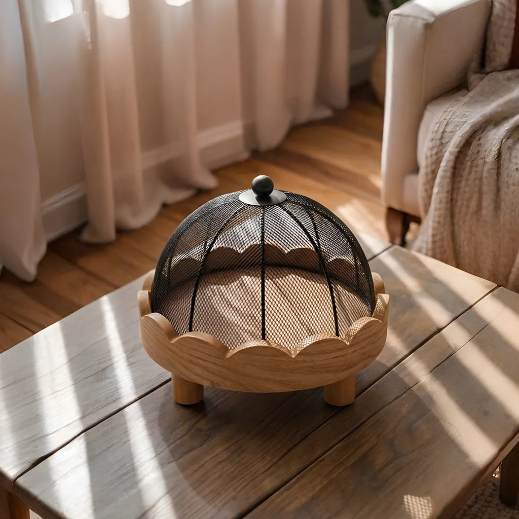 T25B0061 Luhpar Wooden Serving Tray with Mesh Dome Cover Small Natural Finish