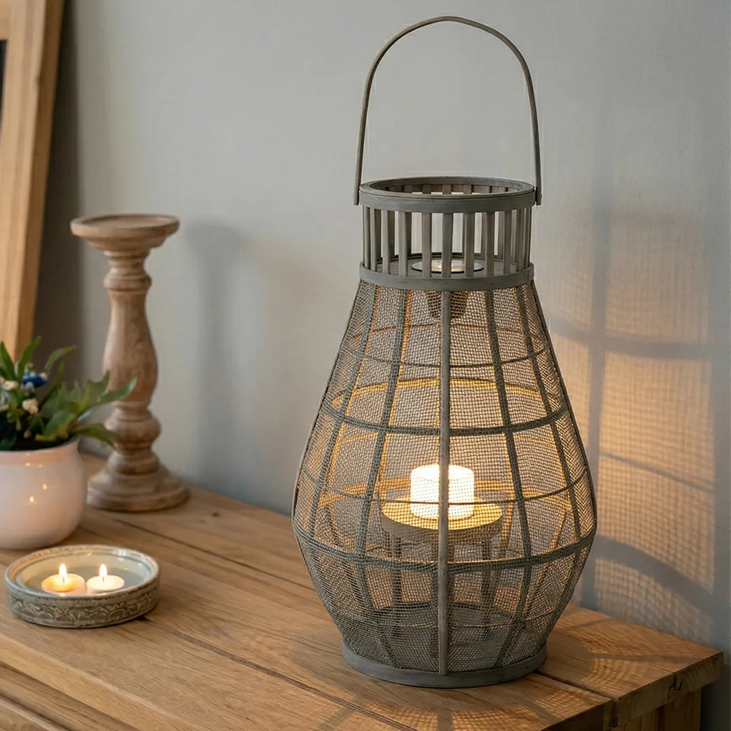 HMD20028 Luhpar Bamboo LED Lantern Natural & Metal (55 × 33 × 33 cm)
