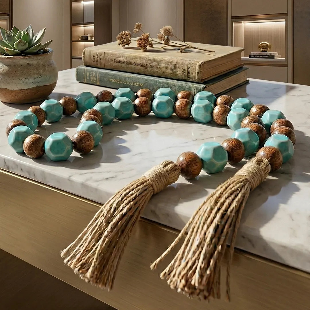 RI25-NG08 Luhpar Wooden Bead Garland with Turquoise Accent & Tassel