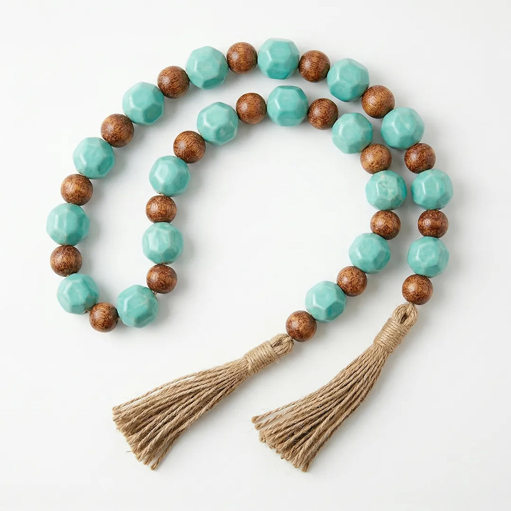 RI25-NG08 Luhpar Wooden Bead Garland with Turquoise Accent & Tassel