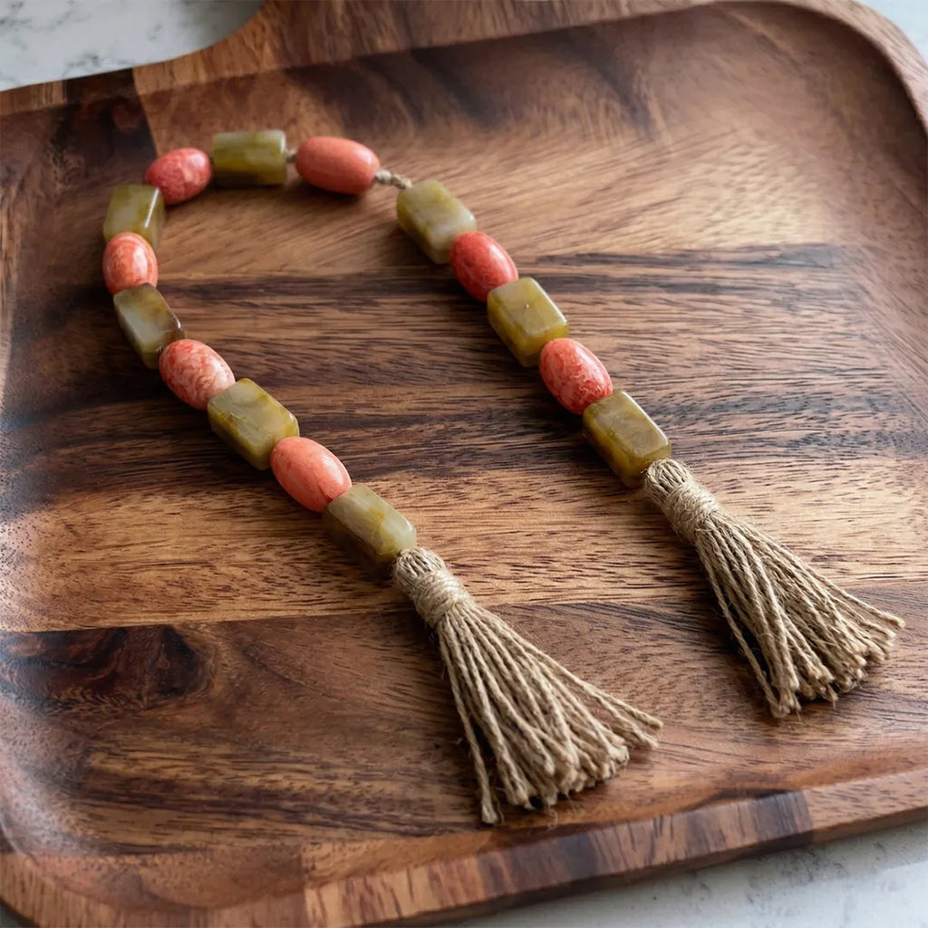 RI25-NG15 Luhpar Decorative Stone Garland Coral & Olive with Tassels