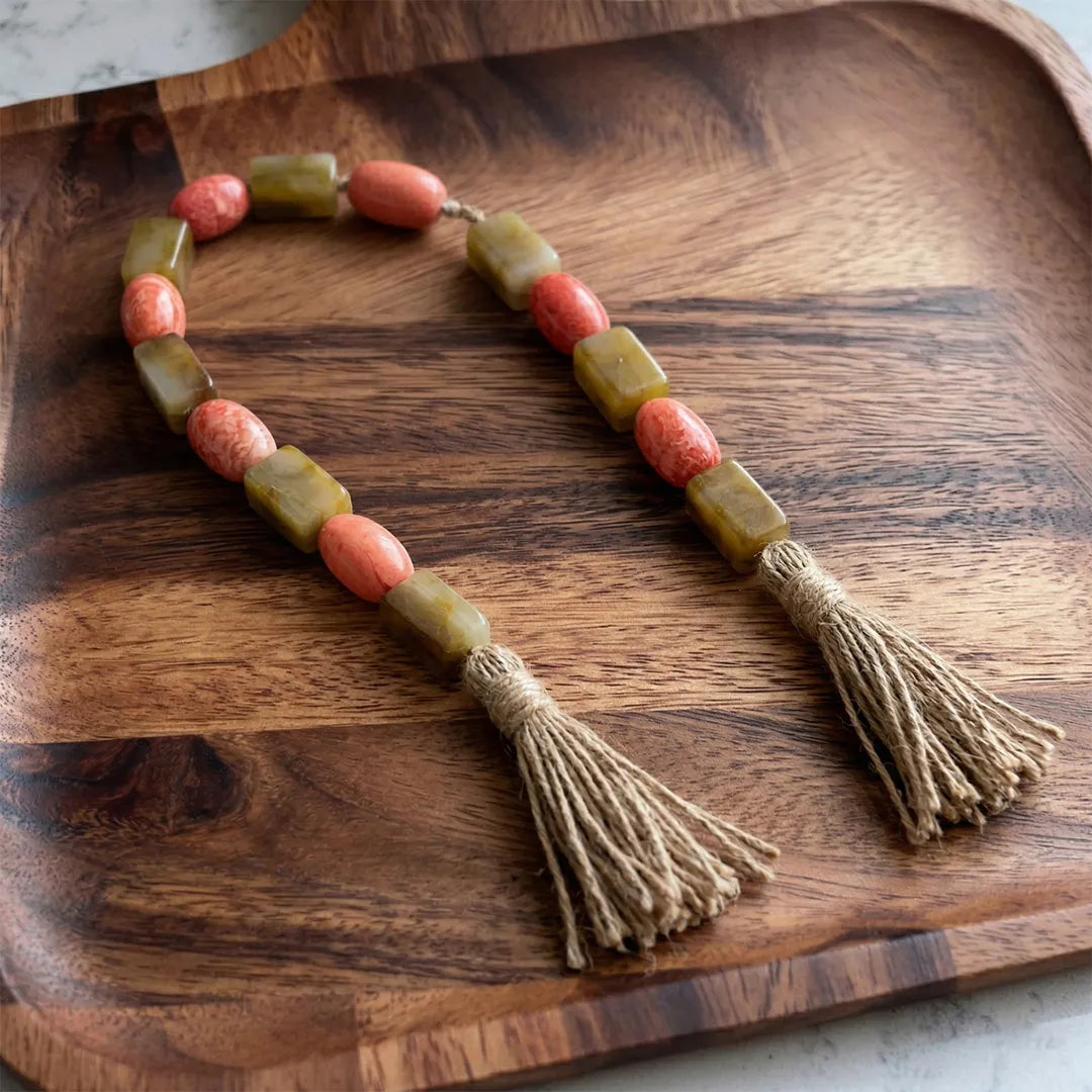 RI25-NG15 Luhpar Decorative Stone Garland Coral & Olive with Tassels