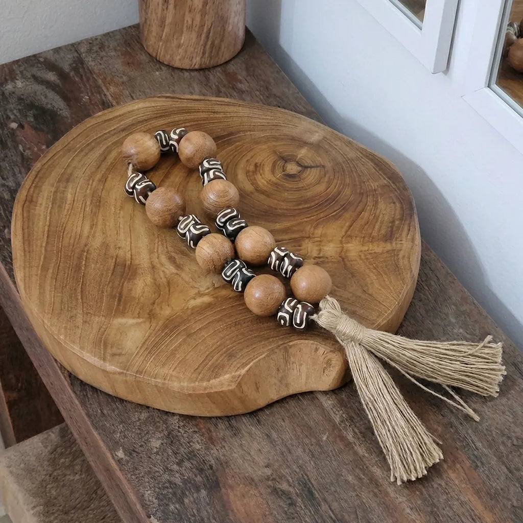 RI25-NG16 Luhpar Decorative Wooden Bead Garland with Patterned Accents & Tassel