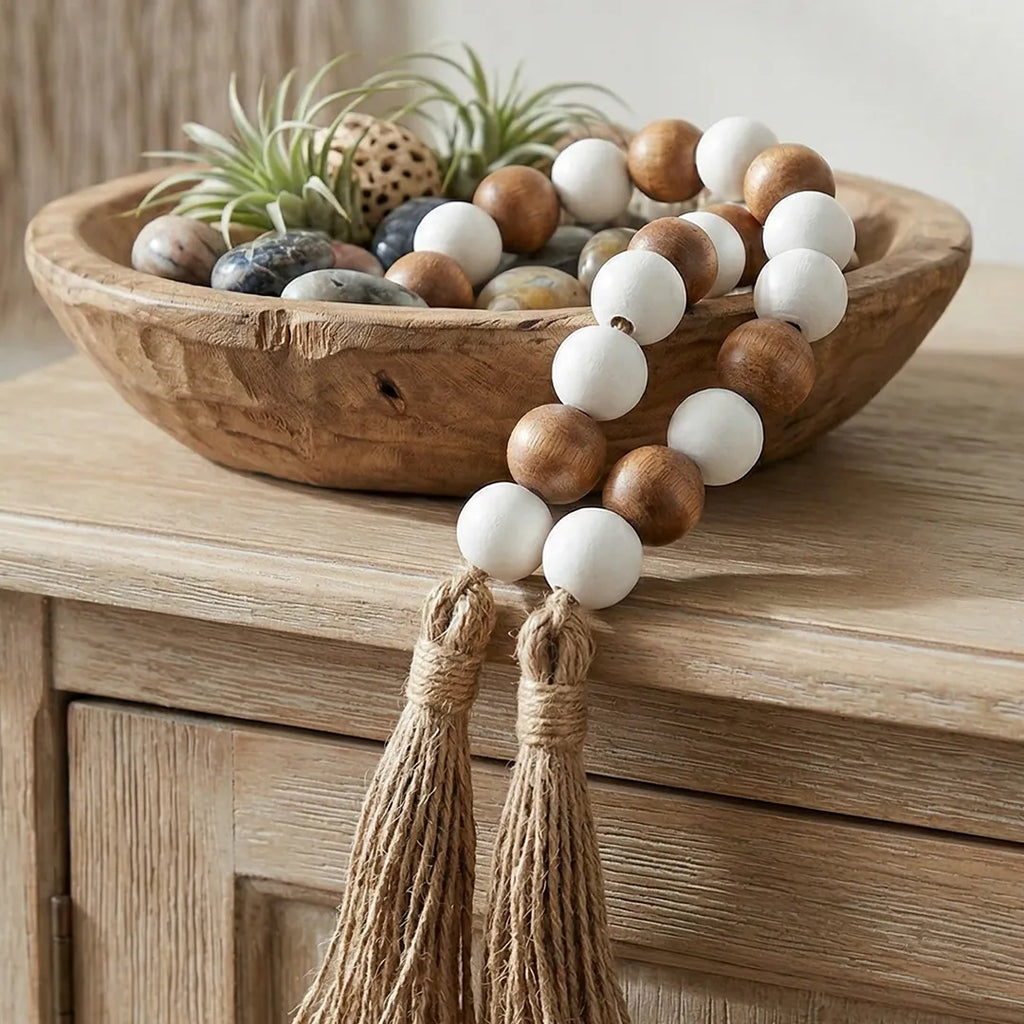 RI25-NG17 Luhpar Wooden Bead Garland with Tassel Natural White & Wood