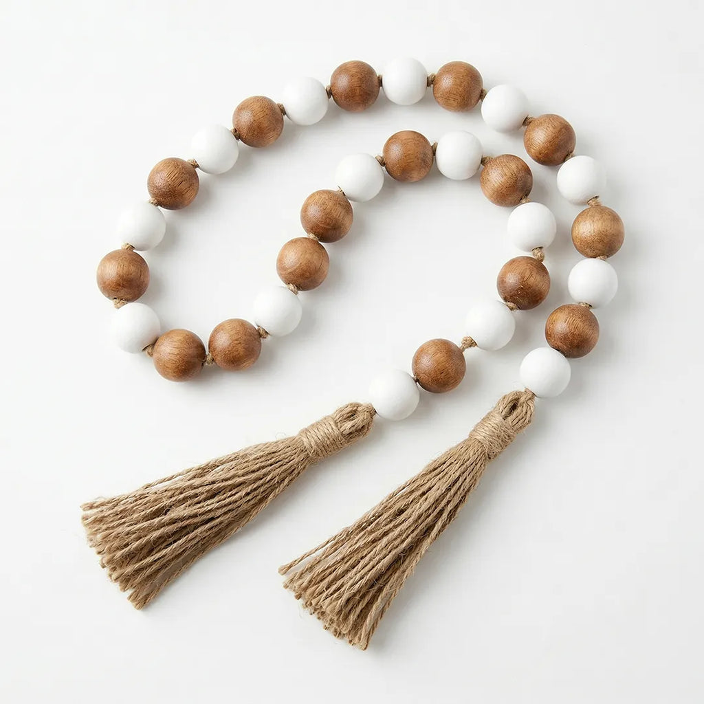 RI25-NG17 Luhpar Wooden Bead Garland with Tassel Natural White & Wood