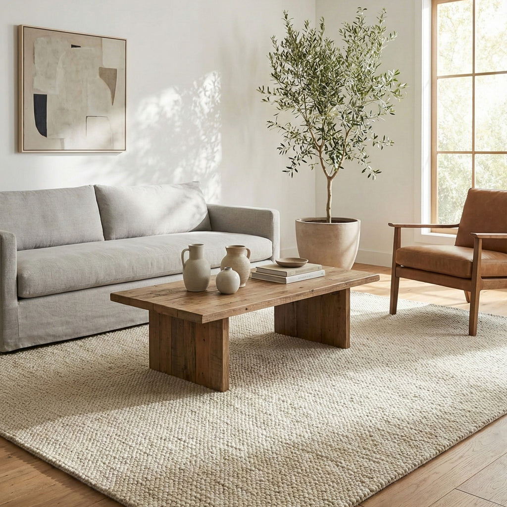 Modern living room with a gray sofa, wooden coffee table, and a potted plant.