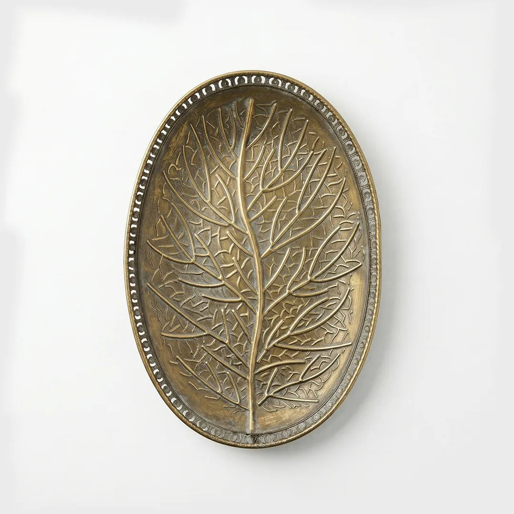 25275A-1 Luhpar Antique Gold Oval Metal Tray with Leaf Design (Small / Medium)