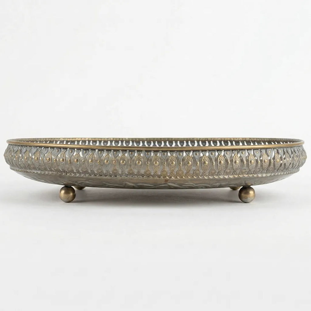 25275A-1 Luhpar Antique Gold Oval Metal Tray with Leaf Design (Small / Medium)