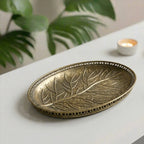 25275A-1 Luhpar Antique Gold Oval Metal Tray with Leaf Design (Small / Medium)