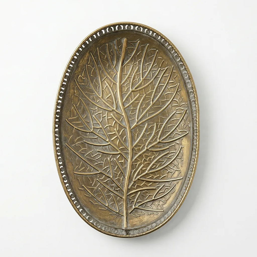 25275A-1 Luhpar Antique Gold Oval Metal Tray with Leaf Design (Small / Medium)