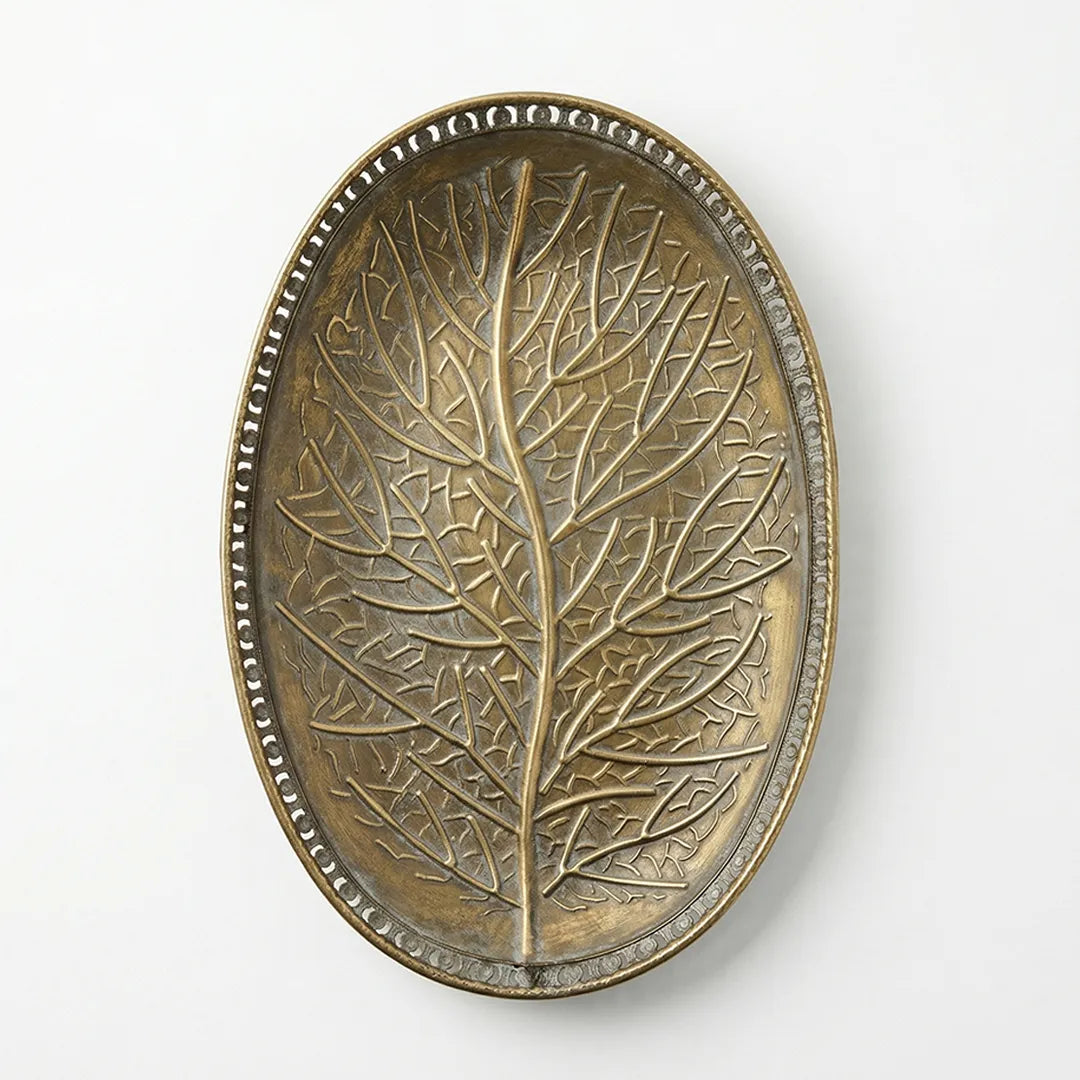 25275A-1 Luhpar Antique Gold Oval Metal Tray with Leaf Design (Small / Medium)