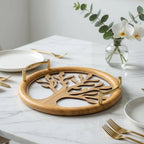 20-1 Round Wooden Serving Tray with Gold Handles and Tree Design – Medium / Small