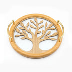 20-1 Round Wooden Serving Tray with Gold Handles and Tree Design – Medium / Small