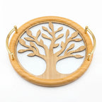 20-1 Round Wooden Serving Tray with Gold Handles and Tree Design – Medium / Small