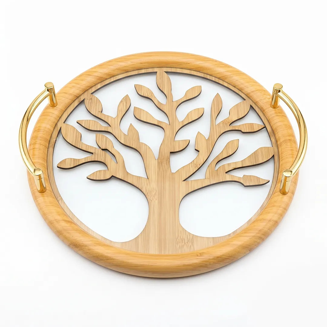 20-1 Round Wooden Serving Tray with Gold Handles and Tree Design – Medium / Small
