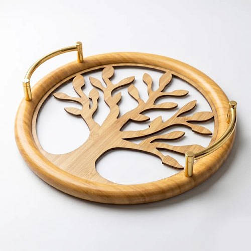 20-1 Round Wooden Serving Tray with Gold Handles and Tree Design – Medium / Small