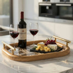 20-2 Wooden Serving Tray with Gold Handles and Geometric Glass Base – Medium / Small
