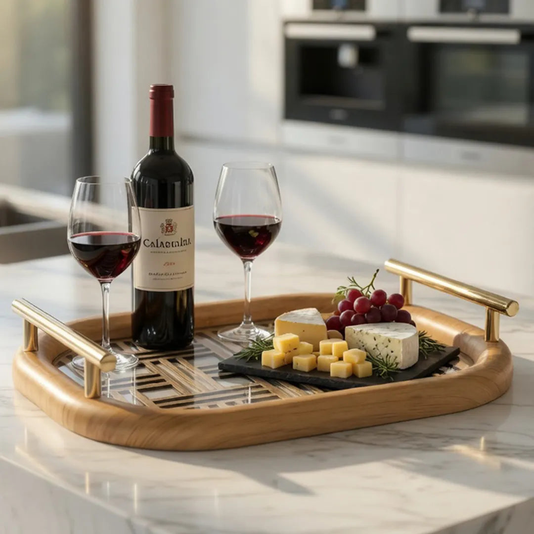 20-2 Wooden Serving Tray with Gold Handles and Geometric Glass Base – Medium / Small