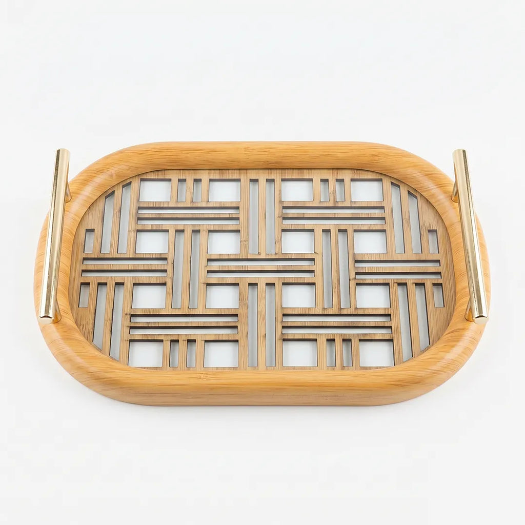 20-2 Wooden Serving Tray with Gold Handles and Geometric Glass Base – Medium / Small