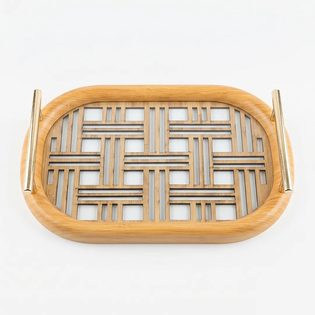 20-2 Wooden Serving Tray with Gold Handles and Geometric Glass Base – Medium / Small