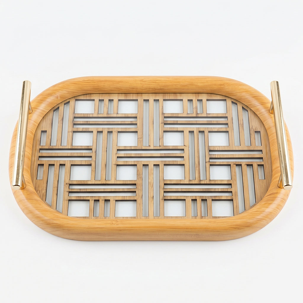 20-2 Wooden Serving Tray with Gold Handles and Geometric Glass Base – Medium / Small