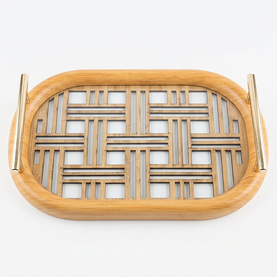 20-2 Wooden Serving Tray with Gold Handles and Geometric Glass Base – Medium / Small