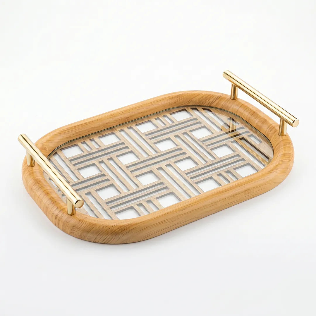 20-2 Wooden Serving Tray with Gold Handles and Geometric Glass Base – Medium / Small