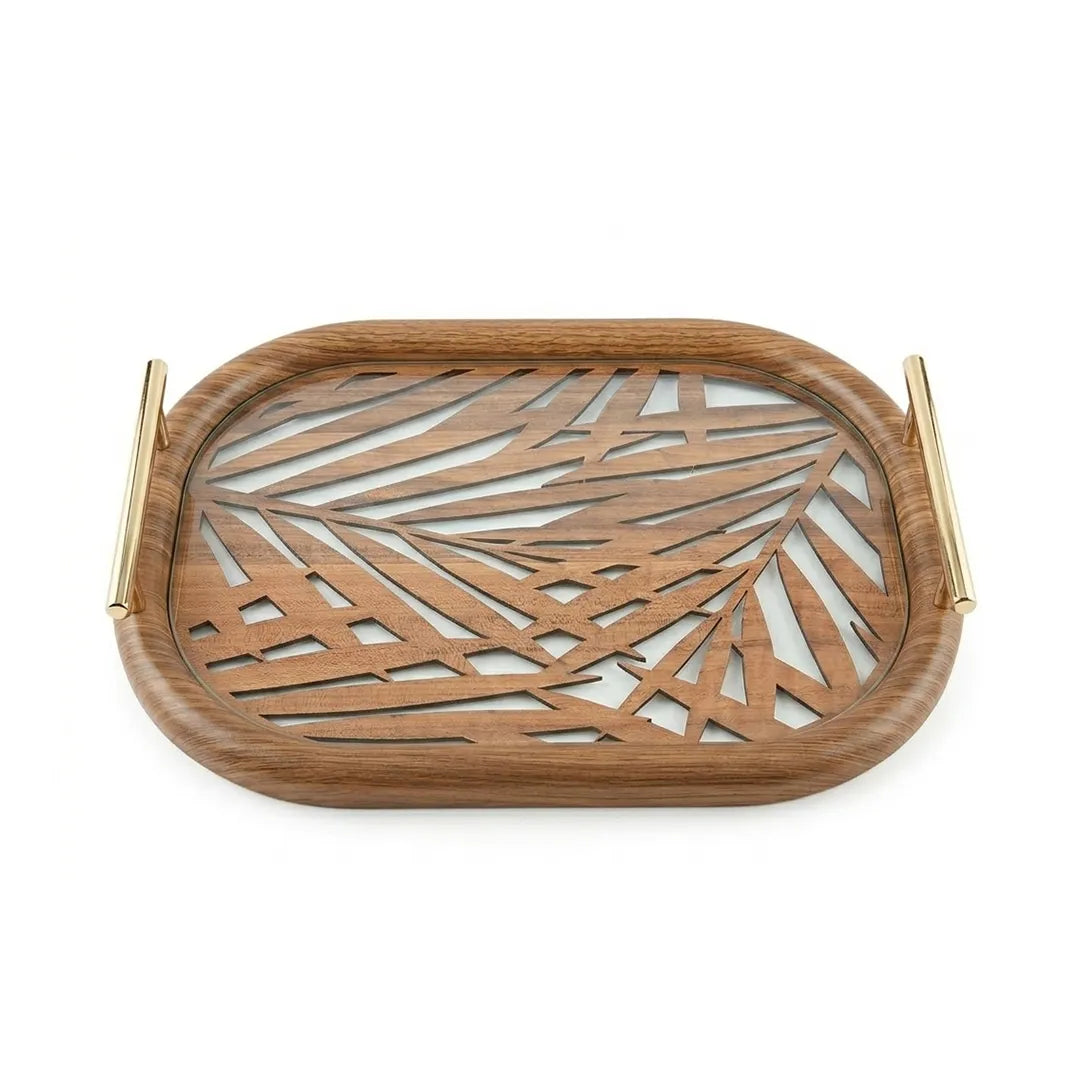 20-3 Wooden Serving Tray with Gold Handles and Palm Leaf Design – Medium / Small