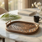 20-3 Wooden Serving Tray with Gold Handles and Palm Leaf Design – Medium / Small