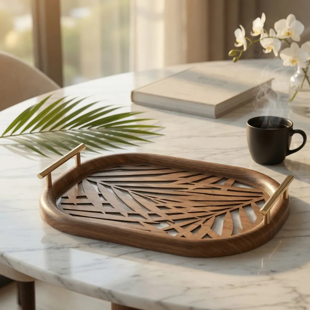 20-3 Wooden Serving Tray with Gold Handles and Palm Leaf Design – Medium / Small