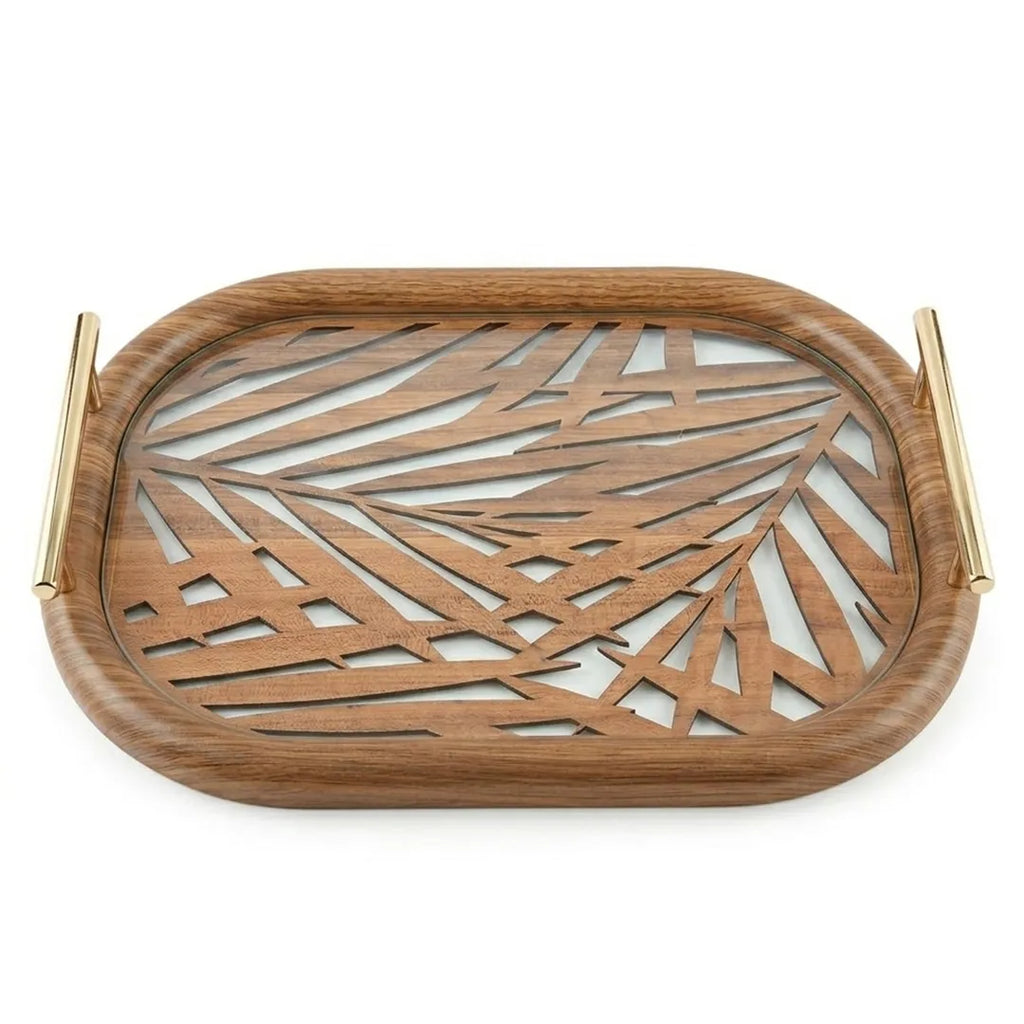 20-3 Wooden Serving Tray with Gold Handles and Palm Leaf Design – Medium / Small