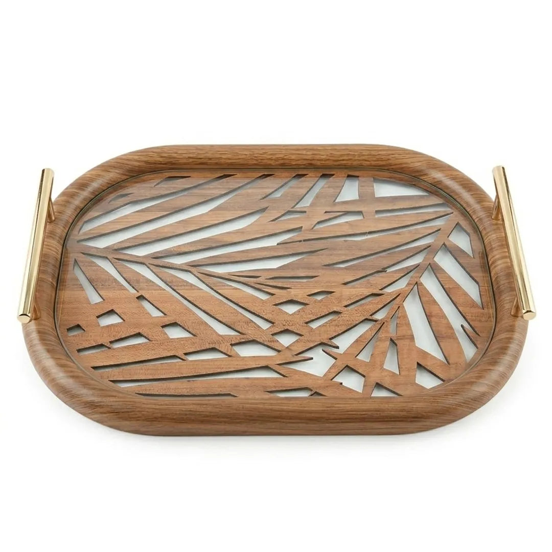 20-3 Wooden Serving Tray with Gold Handles and Palm Leaf Design – Medium / Small