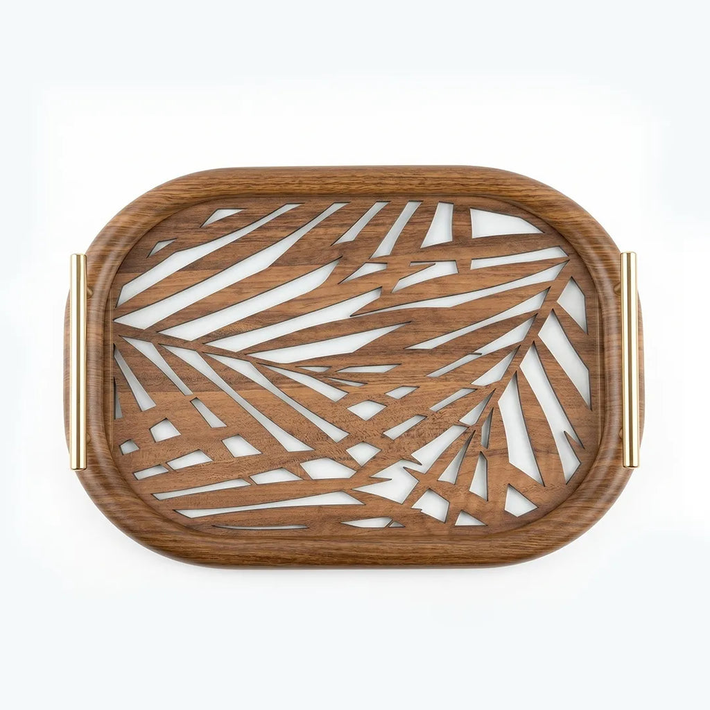 20-3 Wooden Serving Tray with Gold Handles and Palm Leaf Design – Medium / Small