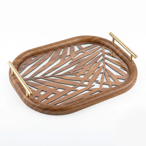 20-3 Wooden Serving Tray with Gold Handles and Palm Leaf Design – Medium / Small