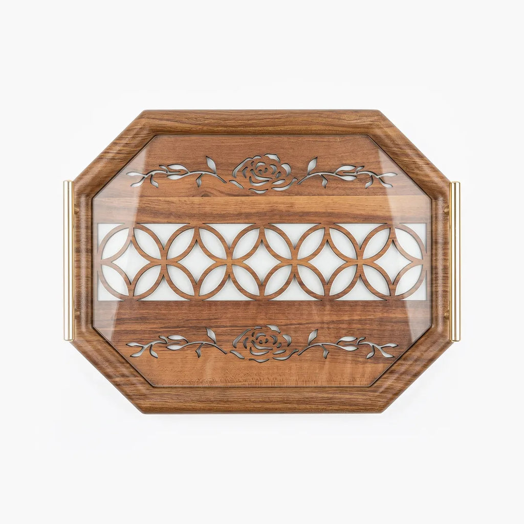 20-4 Decorative Wooden Serving Tray with Gold Handles and Floral Pattern – Medium / Small