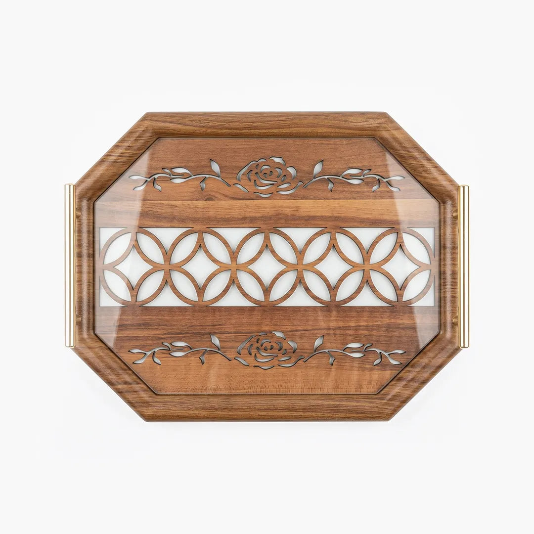20-4 Decorative Wooden Serving Tray with Gold Handles and Floral Pattern – Medium / Small