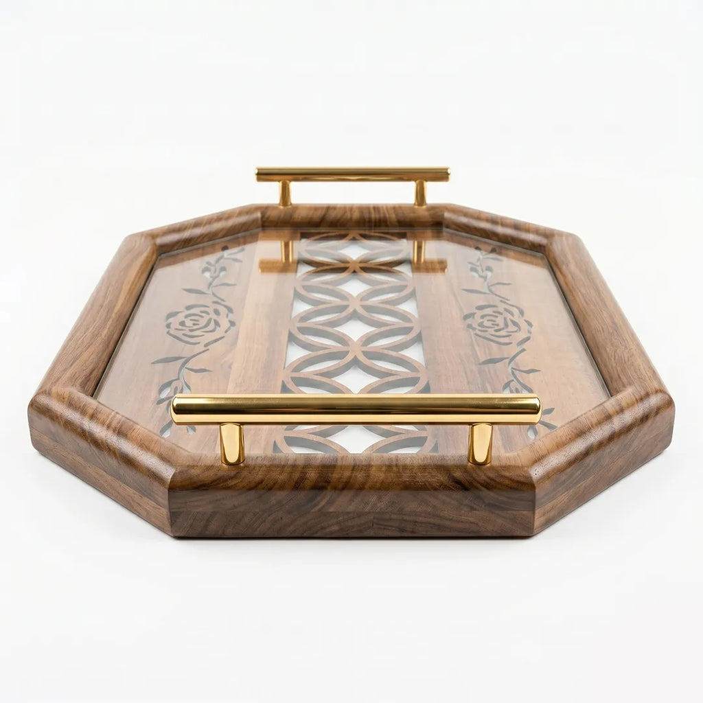 20-4 Decorative Wooden Serving Tray with Gold Handles and Floral Pattern – Medium / Small