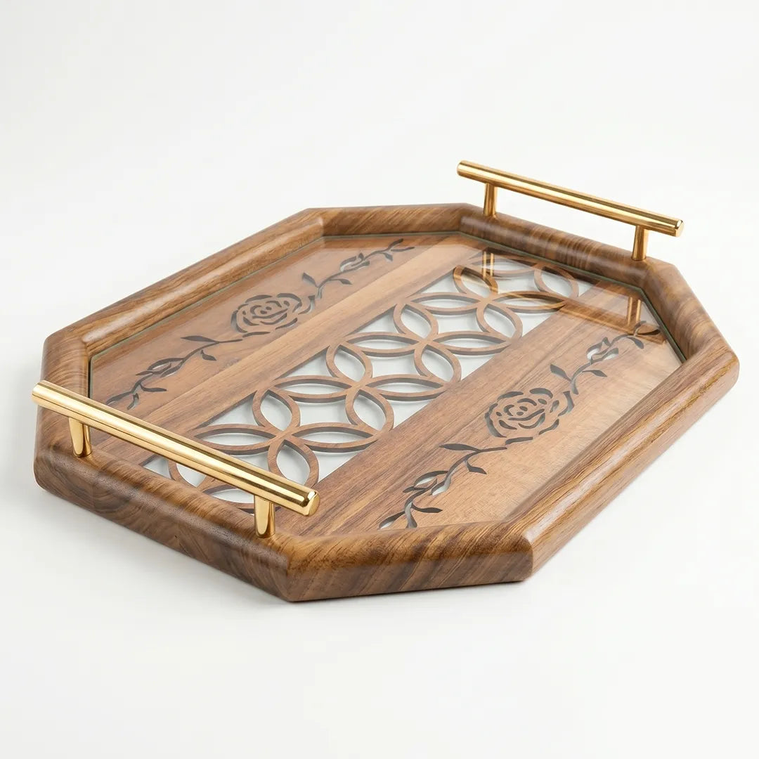 20-4 Decorative Wooden Serving Tray with Gold Handles and Floral Pattern – Medium / Small
