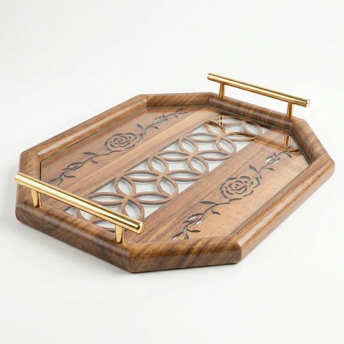 20-4 Decorative Wooden Serving Tray with Gold Handles and Floral Pattern – Medium / Small