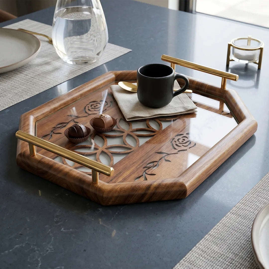 20-4 Decorative Wooden Serving Tray with Gold Handles and Floral Pattern – Medium / Small