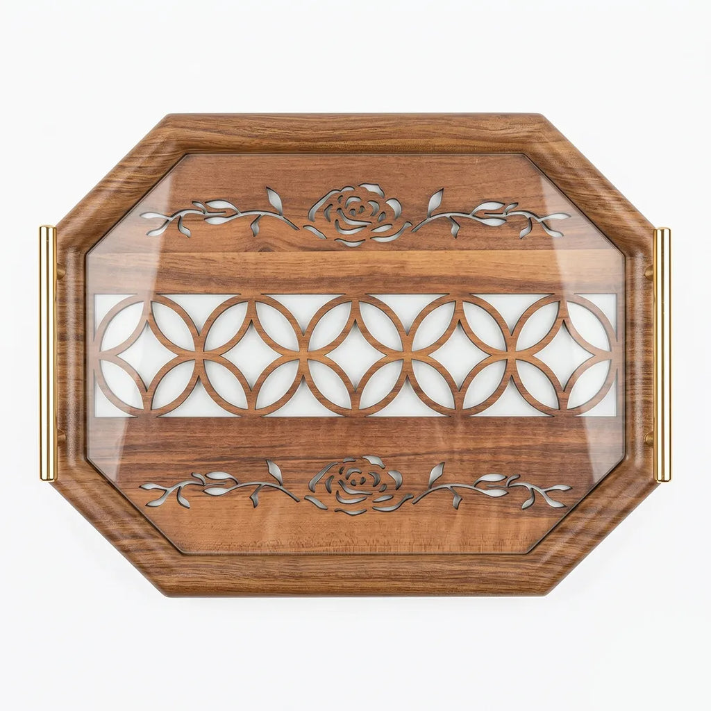 20-4 Decorative Wooden Serving Tray with Gold Handles and Floral Pattern – Medium / Small