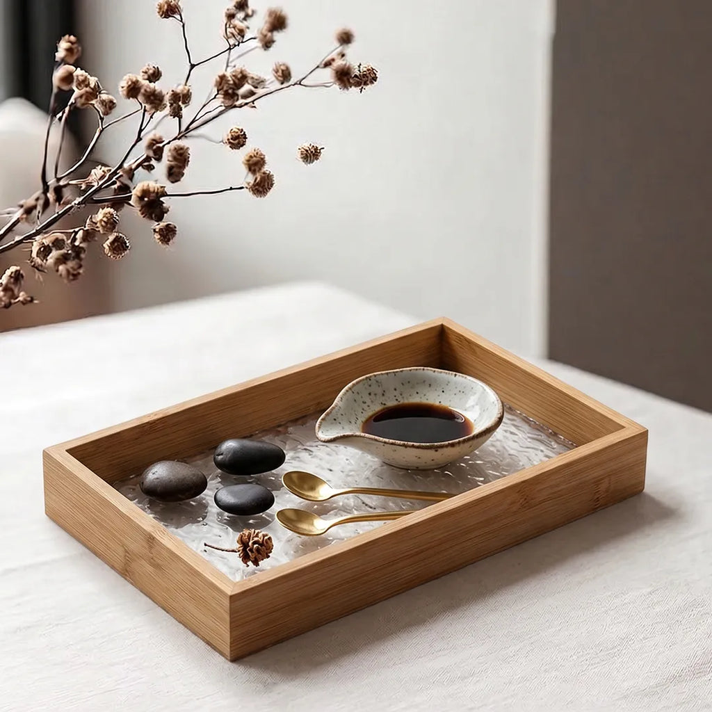 20-5 Rectangular Bamboo Serving Tray with Textured Glass Base – Medium / Small