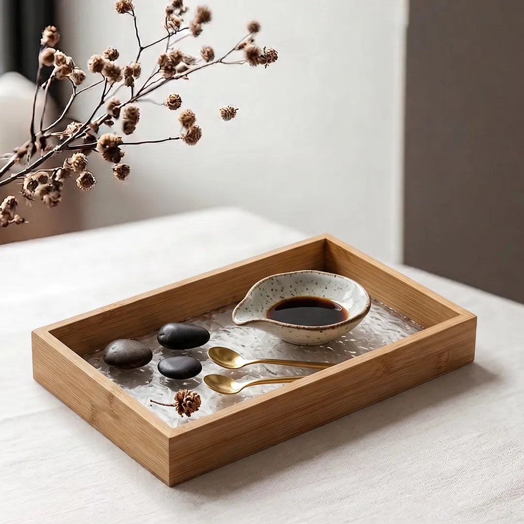 20-5 Rectangular Bamboo Serving Tray with Textured Glass Base – Medium / Small