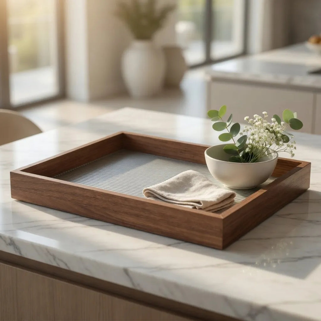 20-8 Rectangular Wooden Serving Tray with Textured Glass Base – Medium / Small