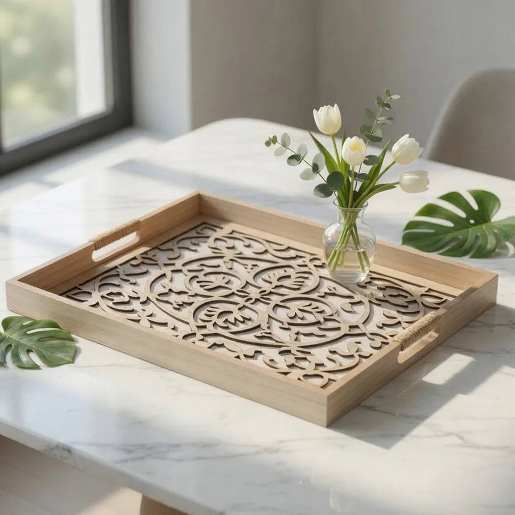 20-9 Rectangular Wooden Serving Tray with Ornamental Glass Base – Medium / Small