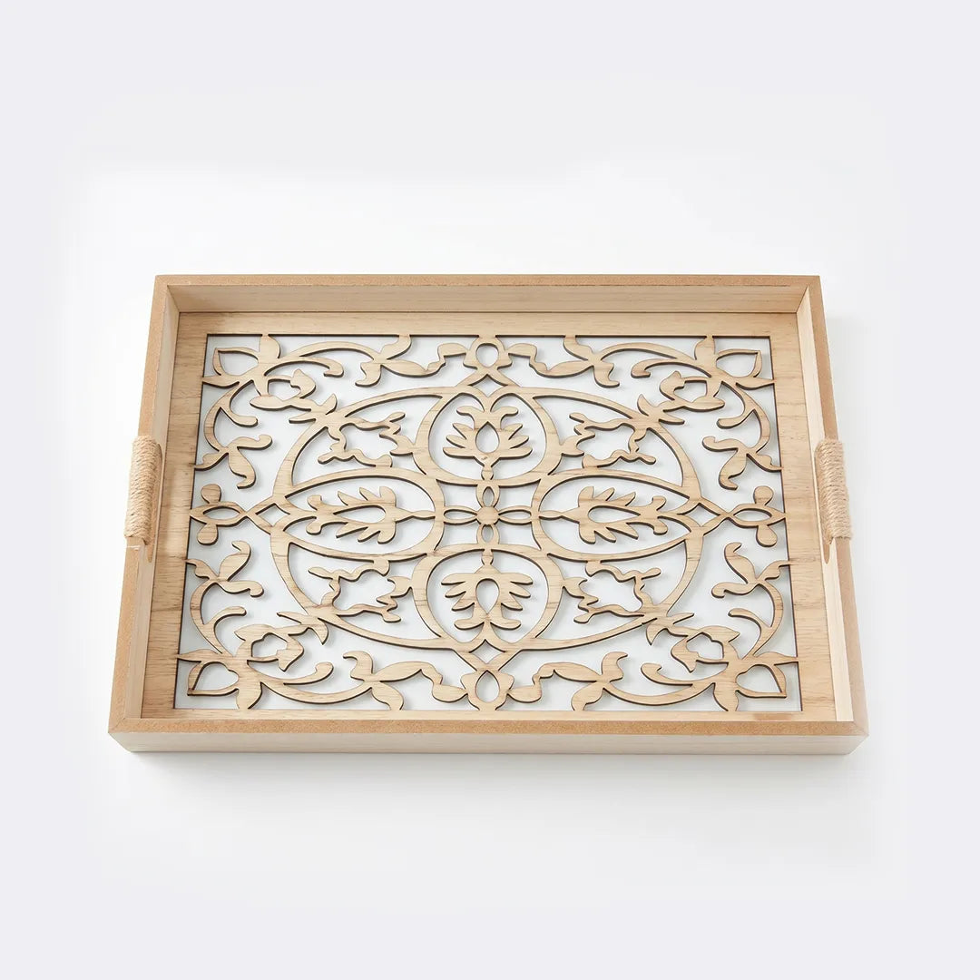 20-9 Rectangular Wooden Serving Tray with Ornamental Glass Base – Medium / Small